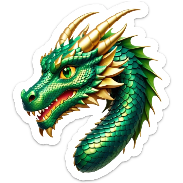 Cinematic Noble Dragon Portrait Emoji, Poised and majestic, with a sinuous, elongated body covered in intricately detailed, shimmering scales in hues of emerald and gold, and piercing, fiery eyes that reflect ancient wisdom; rendered with lifelike texture and natural highlights, high shine, intelligent and formidable, styled with an aura of mythic power, focused and attentive, soft glowing outline, capturing the essence of a legendary dragon that appears ready to soar out of the screen with timeless authority! sticker
