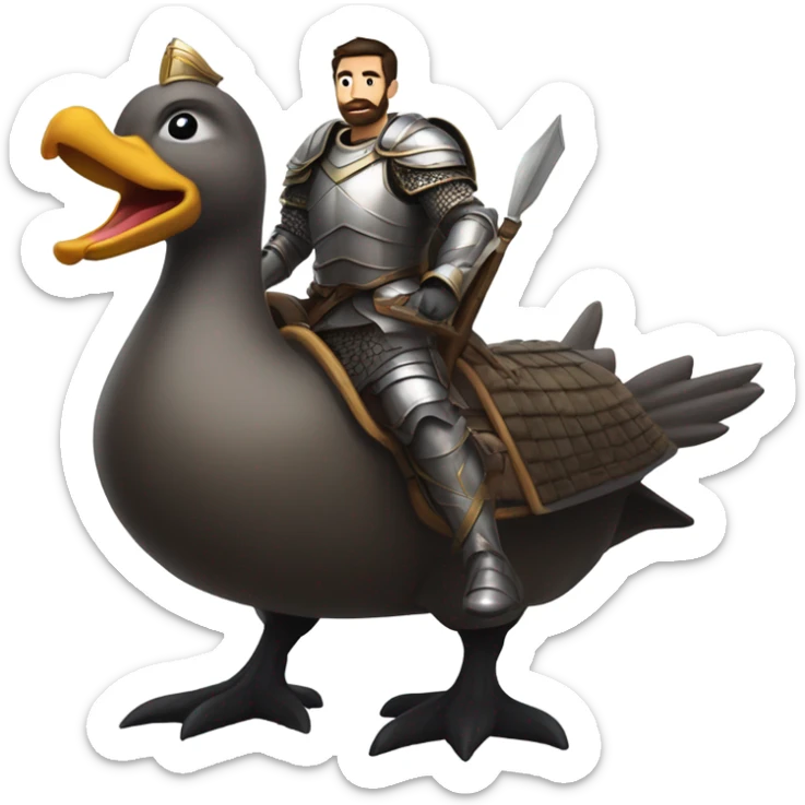 Confident armored White Man with dark brown hair and a short beard riding on the back of a giant armored duck pointing forward with one arm yelling a battle charge sticker