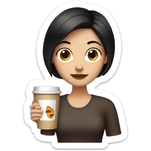 Girl with very short black hair, fair skin and brown eyes drinking coffee sticker