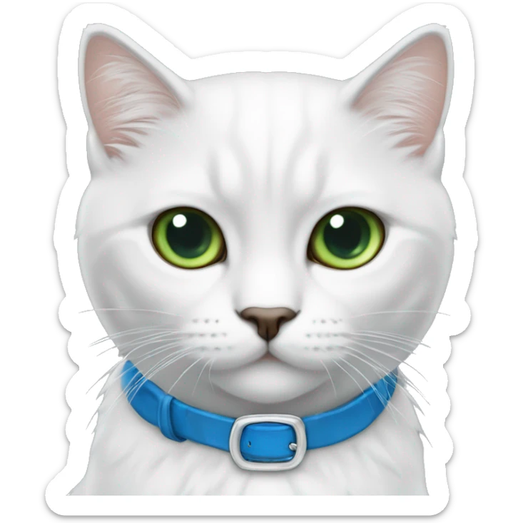 Gato blanco persa con 1 ojo verde y 1 ojo azul, tiene un collar azul con el nombre de CÁSPER sticker