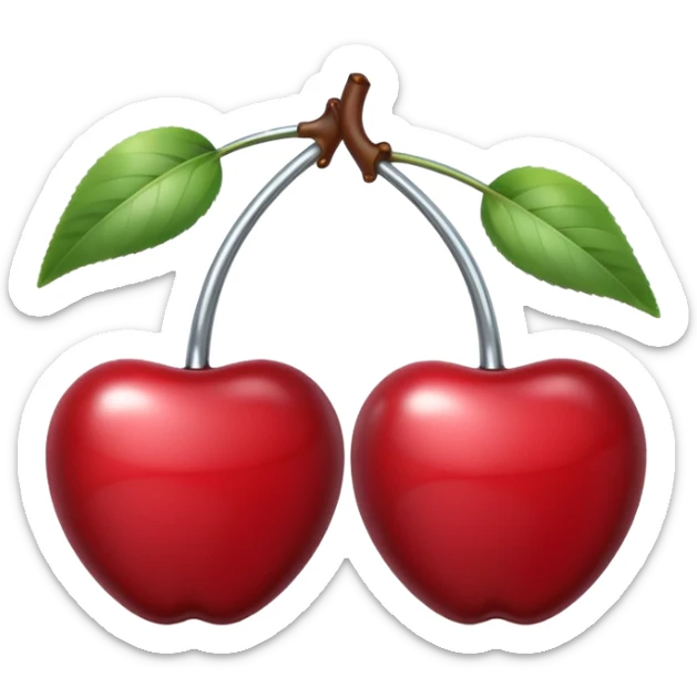 A pair of cherries emoji made of polished silver chrome, smooth rounded shapes, glossy metallic finish, soft highlights and reflections, cute proportions, iOS emoji style, centered, clean white background, no text sticker