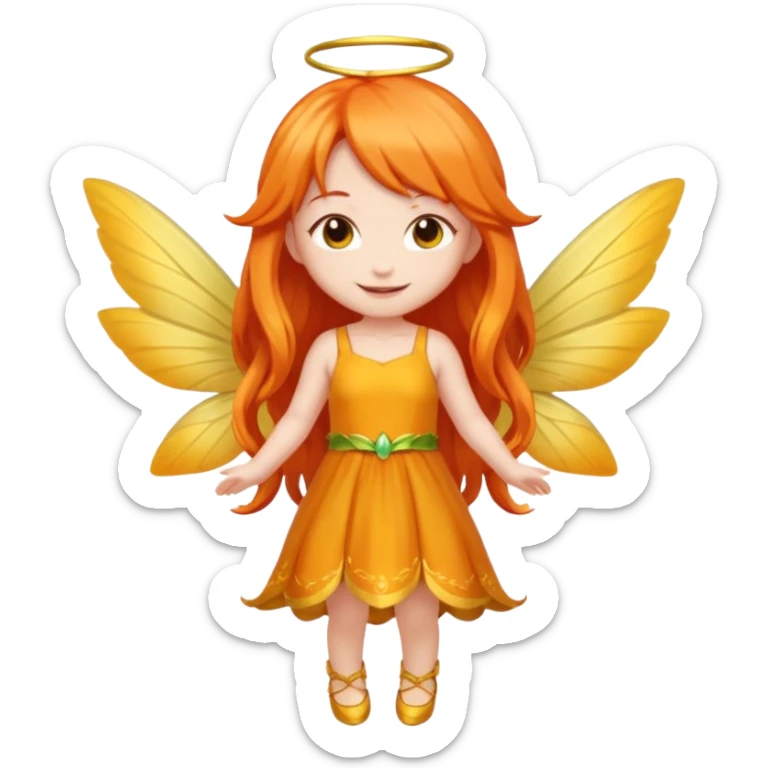 fairy with long orange hair, yellow wings, red dress, happy, chibi full body sticker
