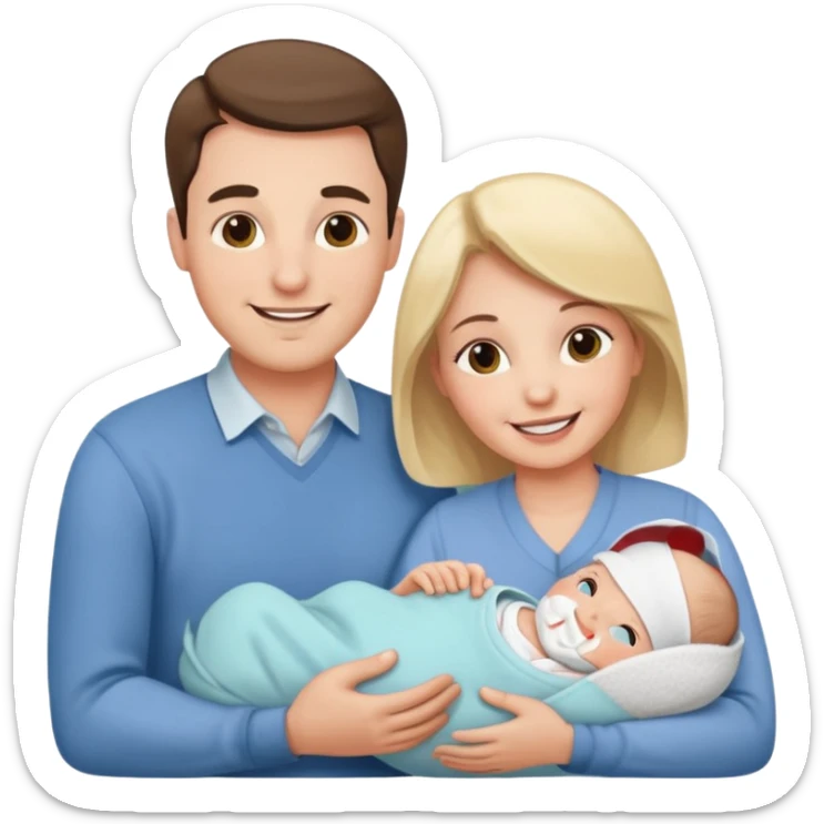 30s couple, man and woman smiling while looking at a newborn baby, family harmony sticker