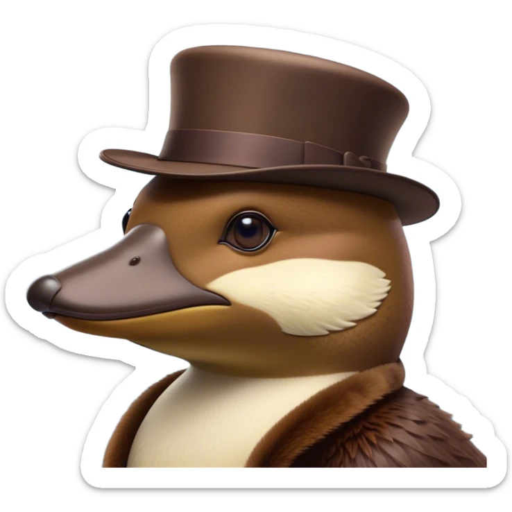 Cinematic Noble Platypus Portrait Emoji, Poised and regal, with a uniquely streamlined build and a sleek, well-groomed brown fur, a distinctive flat duckbill and broad, beaver-like tail, deep-set soulful eyes full of wonder, Simplified yet sharp and sophisticated features, highly detailed, glowing with a soft, dignified glow, high shine, intelligent and enigmatic, stylized with an air of aquatic curiosity, focused and attentive, soft glowing outline, capturing the essence of a watchful and confident oddity, so majestic it feels as though it could glide out of the screen with effortless authority! sticker