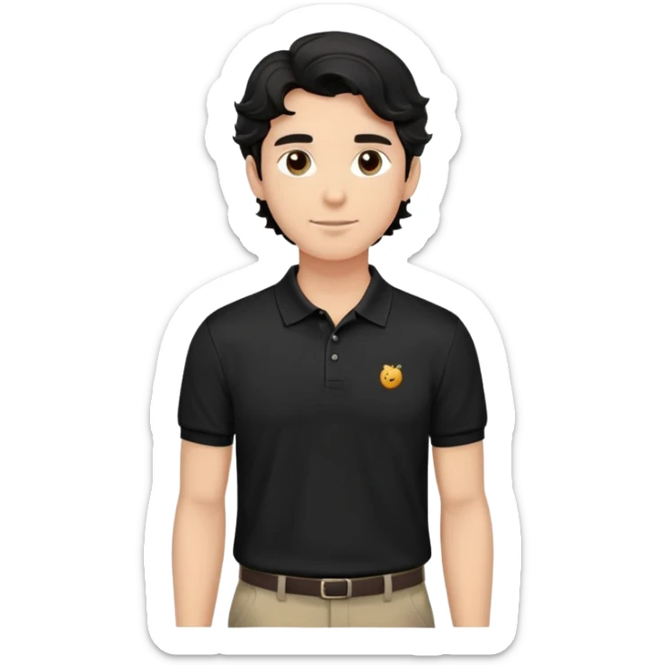 Man with wavy black hair in a classic black polo shirt, relaxed fit sticker