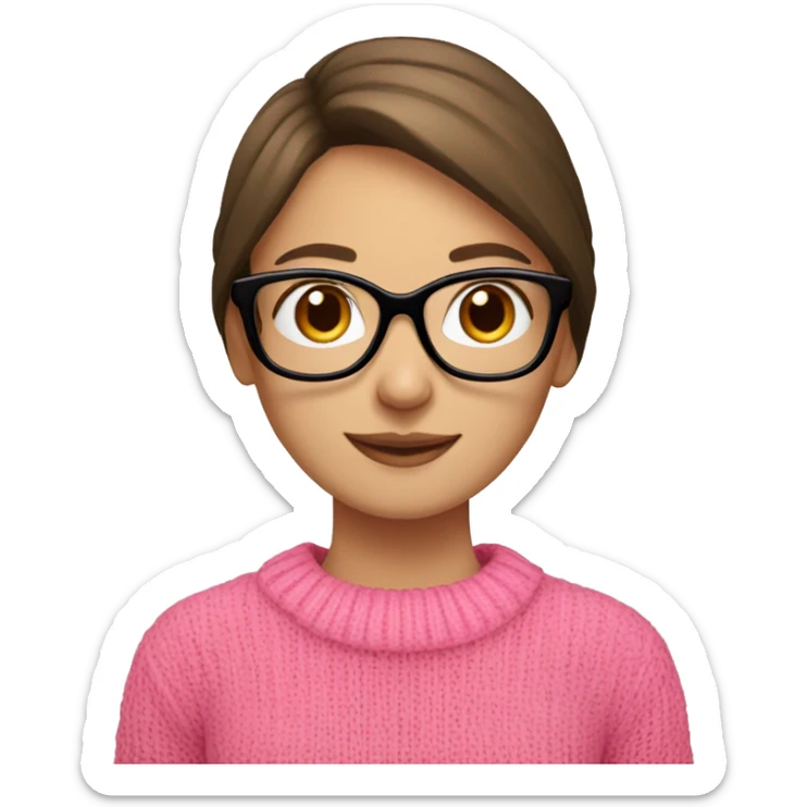 Russian smile Girl with straight brown hair and black glasses frame and in pink sweater working behind laptop sticker