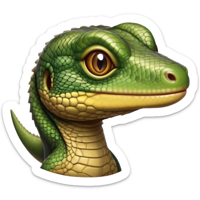 Cinematic Realistic Cute Monitor Lizard Portrait Emoji, Head tilted playfully and inquisitively, featuring a compact, agile body with finely detailed, glossy scales in earthy olive hues and a distinct, alert face with bright, curious eyes, rendered with lifelike natural highlights, high shine, affectionate and spirited, styled with a touch of rugged whimsy, soft glowing outline, capturing the essence of a mischievous yet lovable monitor lizard that seems poised to scurry playfully into your arms! sticker