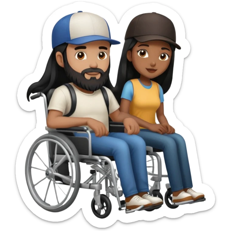 Beige skin man with a beard and cap in a wheelchair and a dark brown skin woman with long black hair in a wheelchair  sticker
