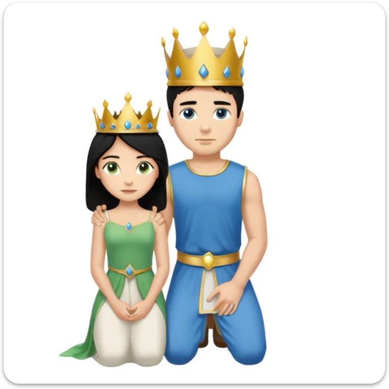 Man as king, standing, black Hair, blue eyes, simple woman, blonde, green eyes, shott white sleveless Dress, kneeling, background palace sticker