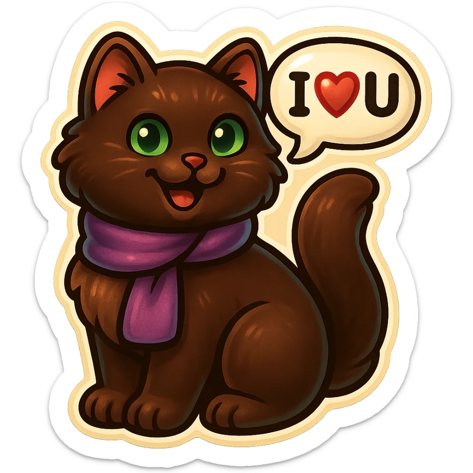 Fluffy happy smiling cute dark-brown cat with green eyes and a purple scarf saying ‘I ♡ U’ (with a speech bubble) sticker