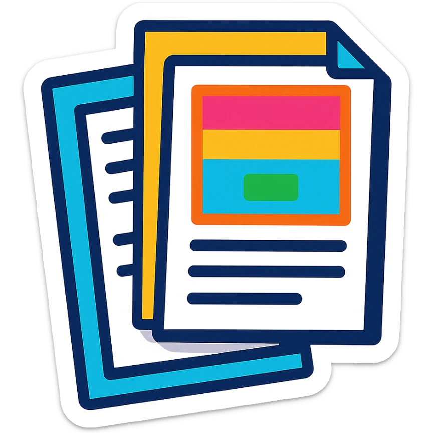 icon of stacked A4 papers, one with color print and one with black print, vibrant colorful style sticker