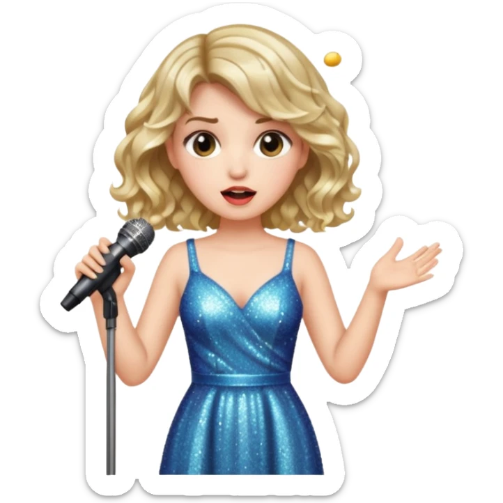 A short wavy female singer in sparkling dress holding a mic with emotional expression sticker