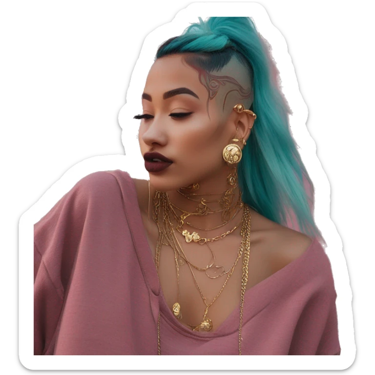 Vintage grunge patina intricate swirls gold jewellery baroque golden sparkle tropical Deep pink maroon burgundy cyan dark hoodie man dyed hair gold piercings nose piercing ear piercings sticker