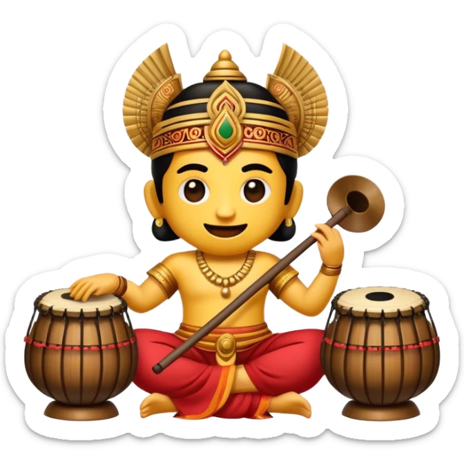 Cinematic Realistic Gamelan Pop Culture Emoji, depicted with an ensemble of traditional Indonesian instruments rendered with rich textures and rhythmic, cultural lighting. sticker