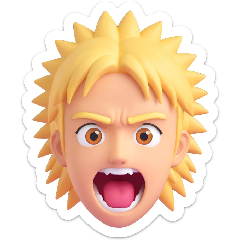 shocked Naruto with spiky blond hair, wide eyes, mouth open, simplified for 3D iOS emoji sticker