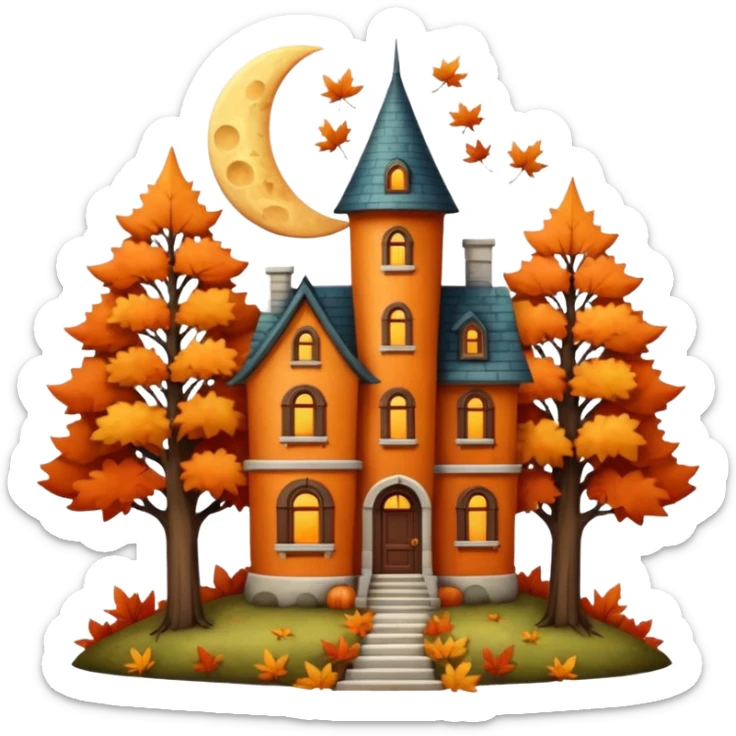 A whimsical fantasy style scene of a tall skinny house among tall trees that are a mixture of full lush trees and trees with warm and burnt orange colored fall leaves. Mysterious yet very warm and inviting, a quarter moon shape behind house. Still life very detailed & hyperrealistic  sticker