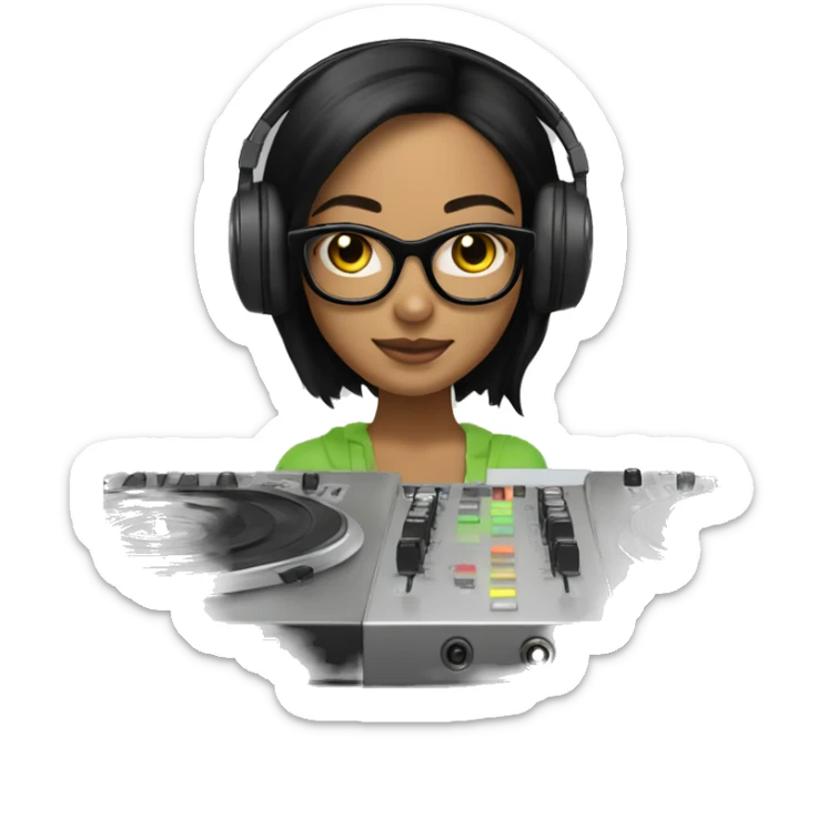 Girl with light olive skin and black hair with glasses on with headphones on a dj mixer sticker