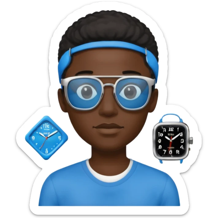 Un garçon noir avec des lunettes de soleil un peu bleu avec un cadran plutôt carré et SANS QU’ON VOIT SES YEUX. Et au dessus de sa tête il y a écrit BOUSs on dois pas voir ses yeux sticker