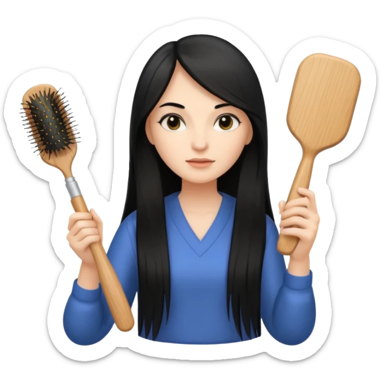 A white woman with long, straight black hair, holding a spray bottle in one hand and a wooden paddle hairbrush in the other. sticker