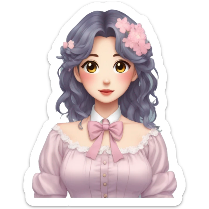 Gorgeous pastel anime style lady with blushing face and flowers and laces and bow ties and pretty hair aesthetic trending style sticker