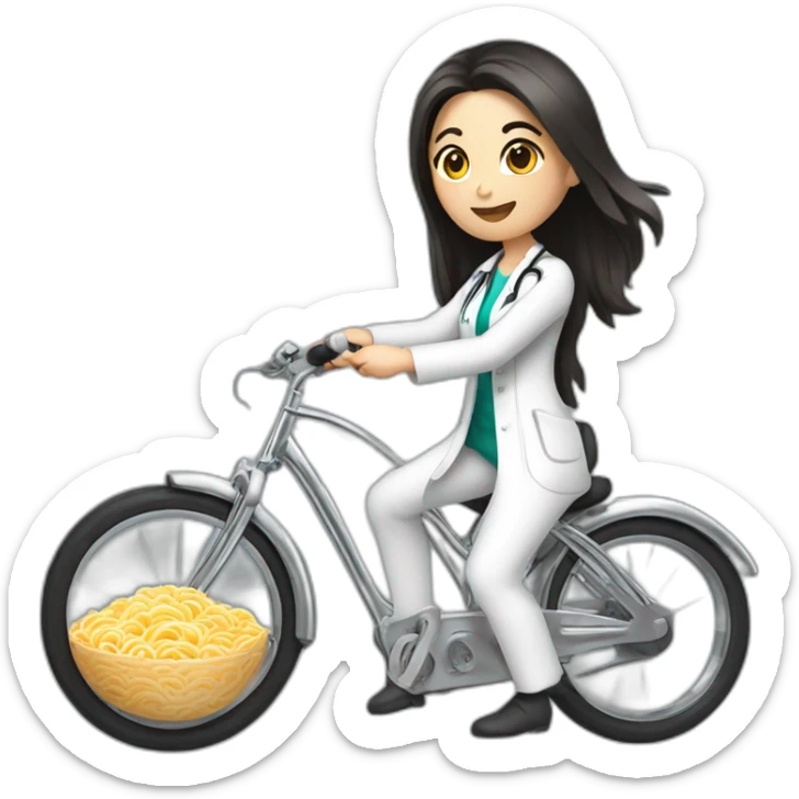 long and dark hair female doctor riding a chrome bicycle with a ramen bowl in her hand sticker