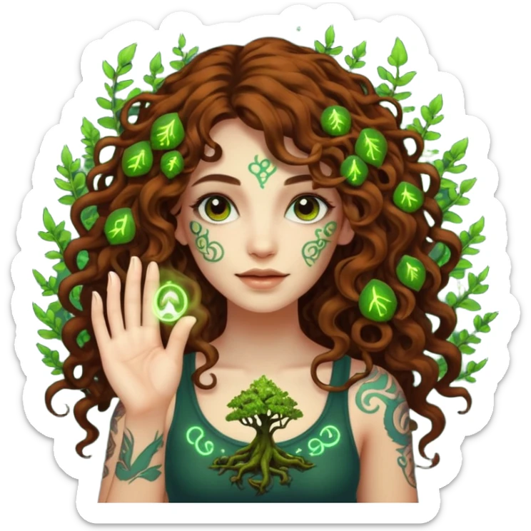 woman with long curly brown hair, brown eyes, white skin, tattoos, growing glowing moss from her fingertips like magic circuits sticker