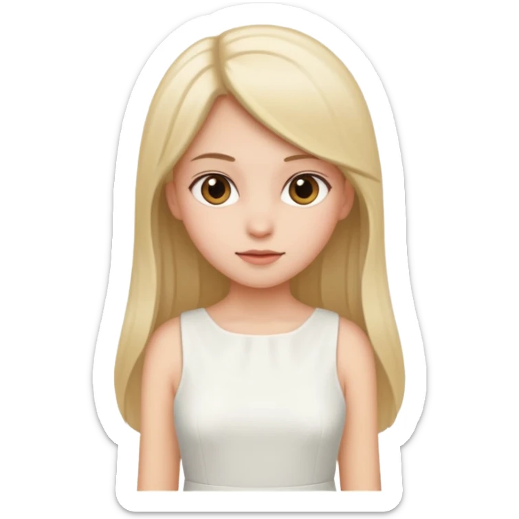 She is girl have a straight hair and she wear dress white sticker