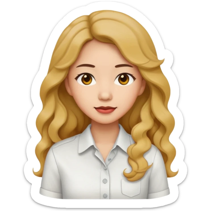 Asian woman, white button-up shirt, long permed wavy hair, emoji style, simple flat colors, transparent background. sticker