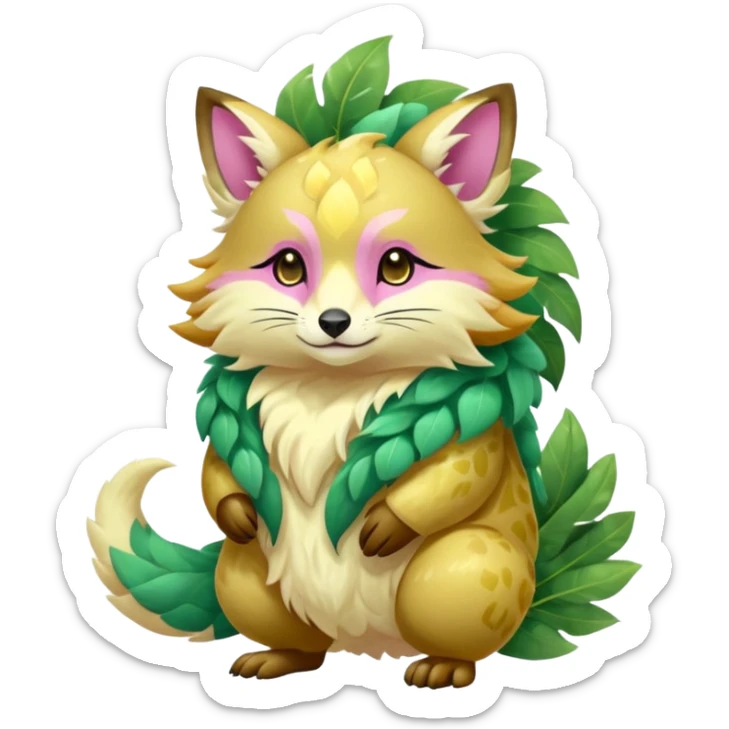 Colorful brown with rose pink, yellow-beige-cream, jade-green tropical exotic shiny beautiful fantasy-Vernid-Cacomistle-animal-Fakémon-hybrid-fursona (full body) sticker