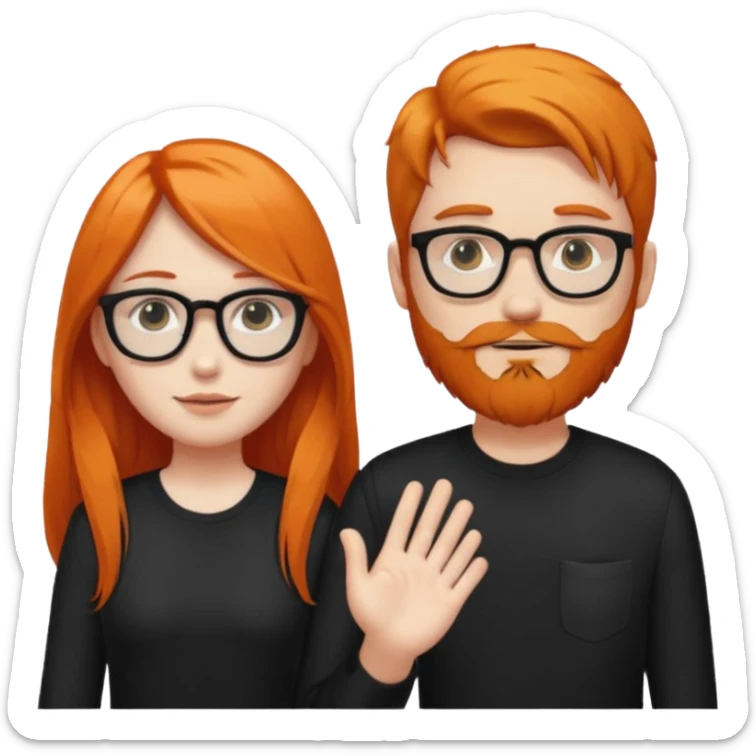 girl with long orange hair wearing no glasses and all black clothes and holding hands with boy with black hair and beard and glasses and pale skin sticker