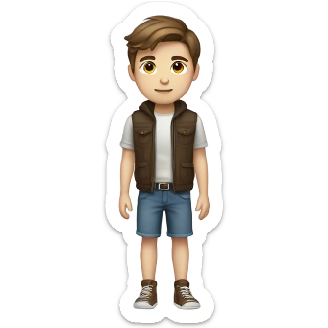 do a teenage boy with brown hair light eyes and a cute outfit, full body legs arms  sticker