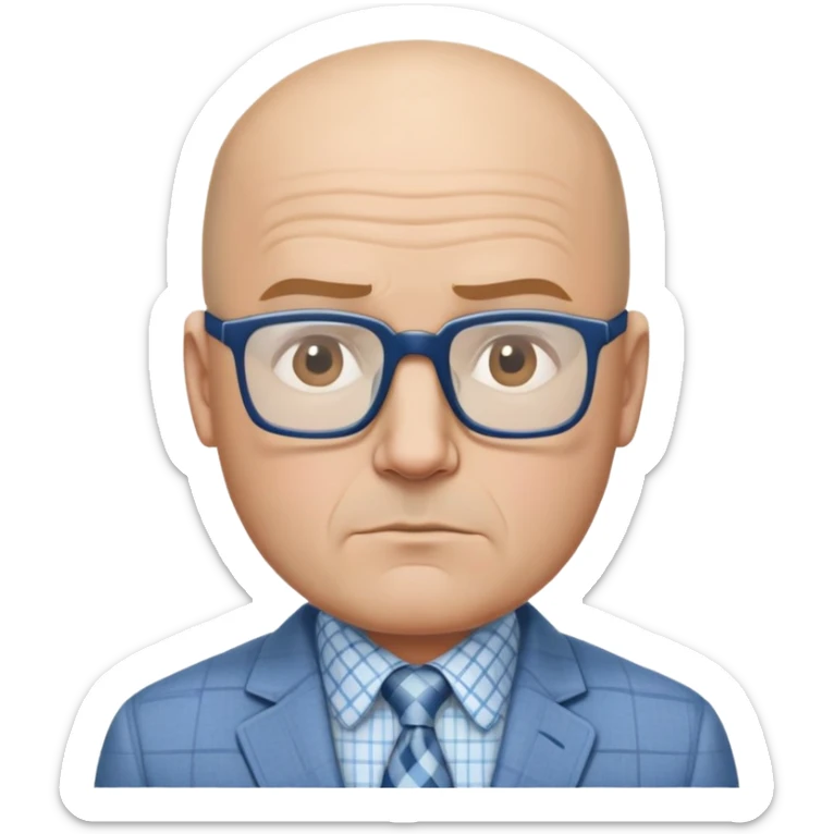 Larger 50-year-old man with wide square face. Male pattern baldness with hair only on top/crown of head, completely bald sides. Large dark square glasses. Serious expression. Light gray blazer, white shirt with blue checkered pattern. sticker