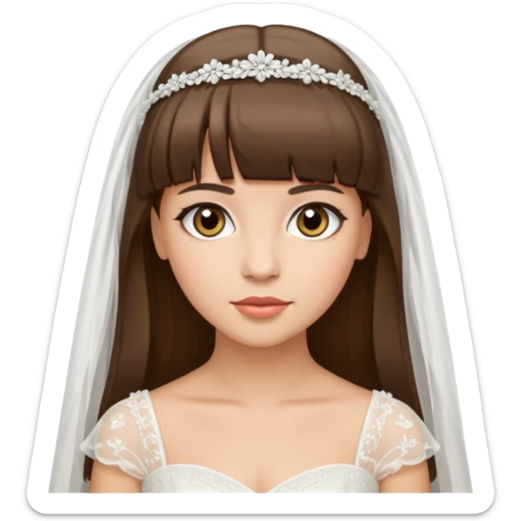 bride emoji with light skin, hazel eyes, brunette straight hair with bangs, wearing a wedding dress sticker