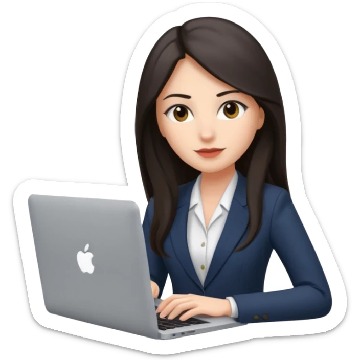 Sales women specialist in shipping with dark long hair with suits and MacBook  sticker