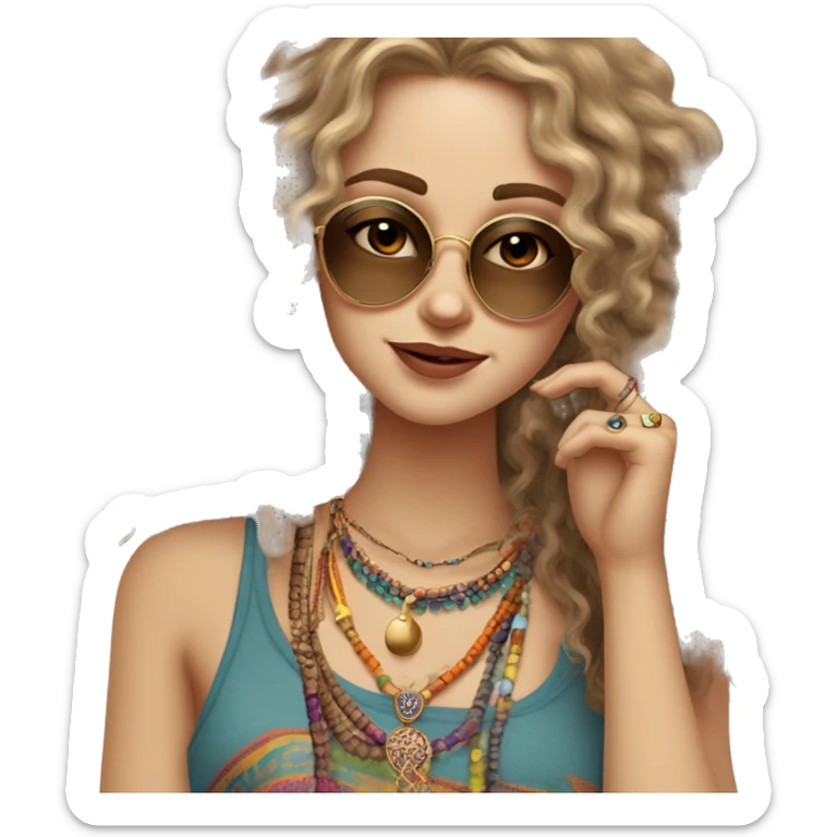 Caucasian hippie girl with curly dirty blonde hair, hazel eyes, baggy colorful pants and a tank top, lots of bohemian bracelets and jewelry, smoking and joint and wearing sunglasses  sticker