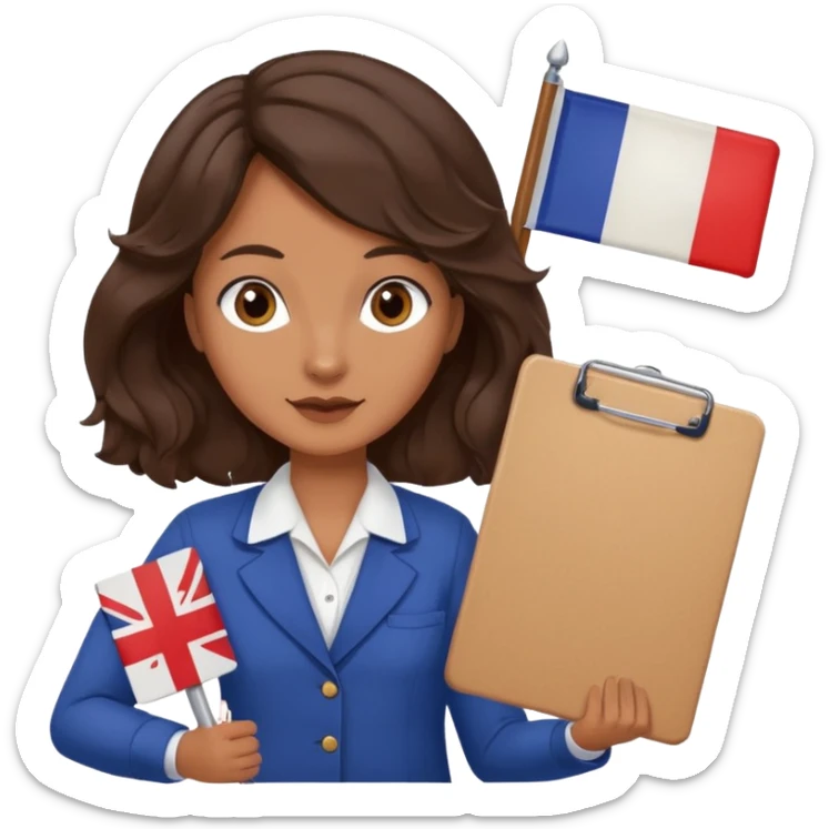wavy dark brown hair, no glasses, fox dark eyes, with a little file in the hand, being a teacher with a board in the background with a french flag, sticker
