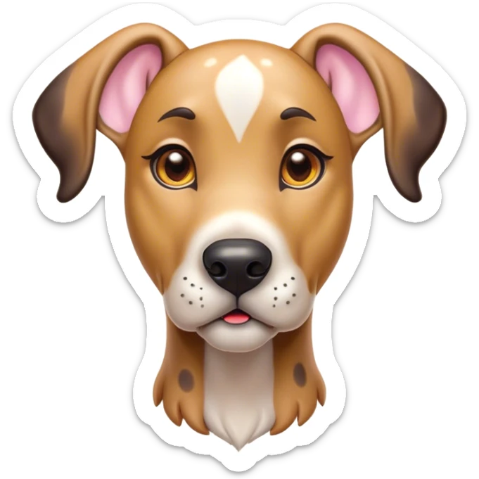 Cinematic Cute Fawn Great Dane Portrait Emoji, Head tilted playfully and inquisitively, showcasing a glossy fawn Fur with a subtle luster, round, sparkling amber eyes filled with curiosity, Simplified yet irresistibly adorable features, highly detailed, glowing with a warm, friendly glow, high shine, affectionate and gentle, stylized with a touch of whimsy, bright and endearing, soft glowing outline, capturing the essence of a mischievous yet loving pup, so playful it feels like it could lumber out of the screen and into your arms! sticker