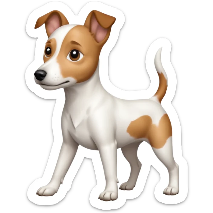 a full body white jack russel looking dog the size of a kelpie with light brown ears and a light brown patch on one eye, flopped down ears and a large snout sticker