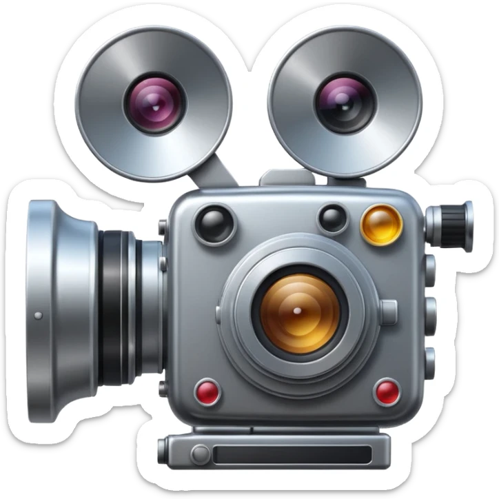 Minimal emoji icon of a huge cinematic metalic camera, front view, simple shapes, realistic lens,  sticker