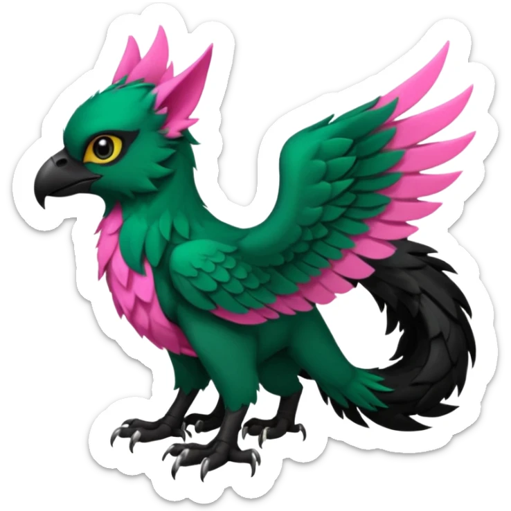 Dark-deep-Emerald-green gryphon-Trico-fusion-hybrid with a long tufted tail, black beak, pink accents, black claws, black tail, majestic, realistic, furry (full body) sticker