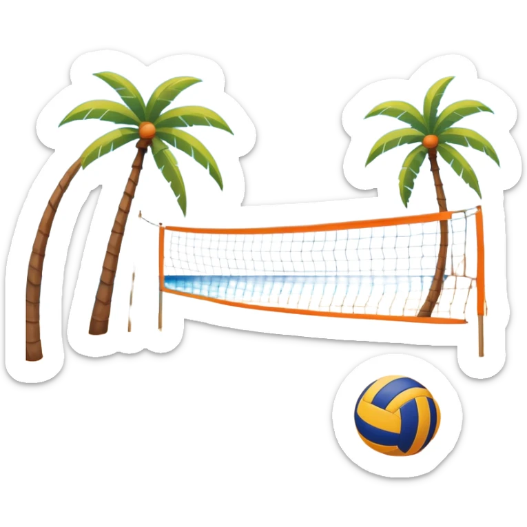 A volleyball resting on the orange sand ground of a beach, with a volleyball net in the background. The scene captures a sunny beach atmosphere with clear blue sea and sky, palm trees swaying, and people in swimsuits enjoying the vibrant surroundings sticker