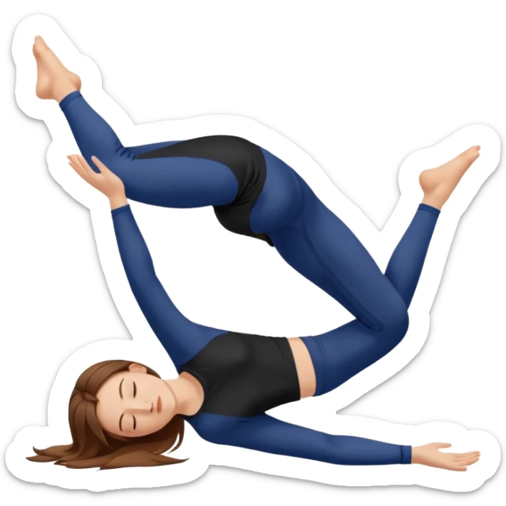 Brown long haired white girl with closed eyes in dark blue leggings and a black t-shirt sits on the splits sticker