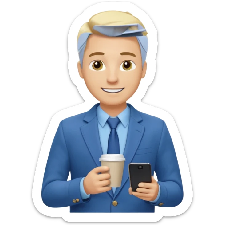 Confident and outgoing male entrepreneur, Caucasian features, blonde hair, big friendly smile, expressive eyes, defined eyebrows, wearing a blue blazer over a light blue shirt, holding a smartphone in one hand and a coffee cup in the other, waist-up, front-facing sticker