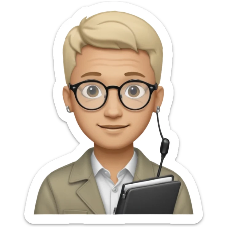 A man in his 20s wearing an apnotebook, wearing radio earrings, round glasses, achromatic clothes sticker