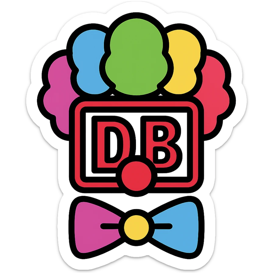 Deutsche Bahn logo with colorful clown wig, red nose, clown bow tie, clearly recognizable, humorous, icon style sticker