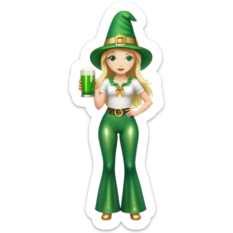 Blonde haired girl in glittery green bell bottoms and tall leprechaun hat holding a green beer sticker