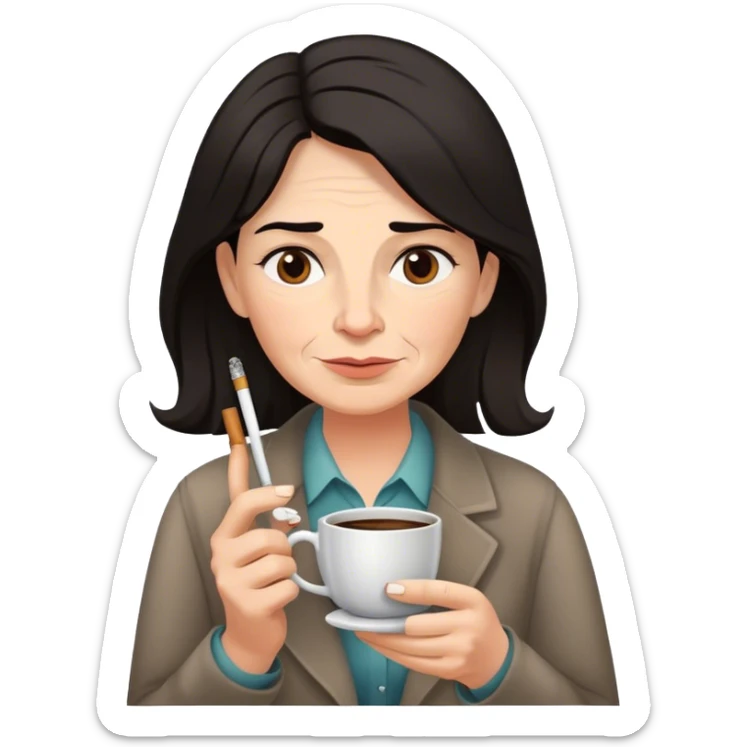 Art teacher with dark hair , wrinkles , sunken cheeks and a cup of coffee and cigarettes in her hands sticker