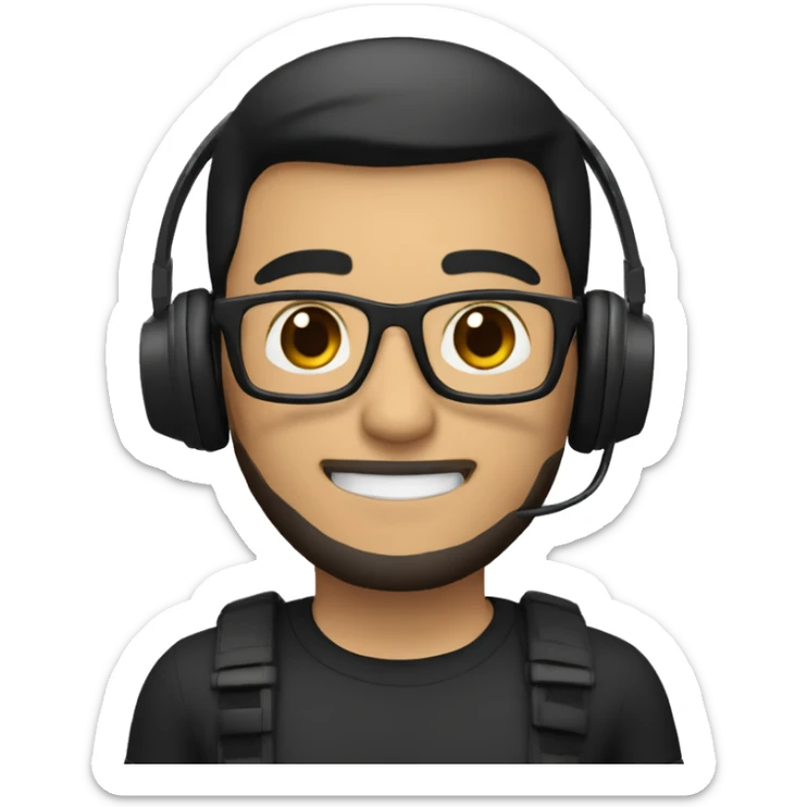 Create a Memoji-style avatar of a man with short black hair, glasses, and a beard. He is smiling and wearing a black shirt. He also has a pair of headphones around his neck. sticker