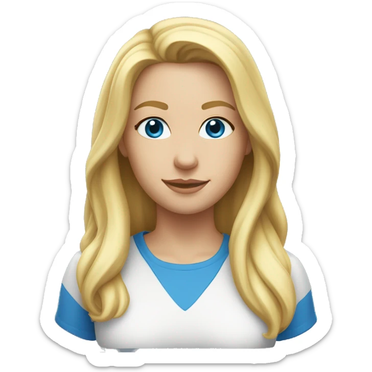 A head and shoulders shot of a 32 year old Caucasian woman, with long blonde hair,   with blue eyes wearing a t-shirt. sticker