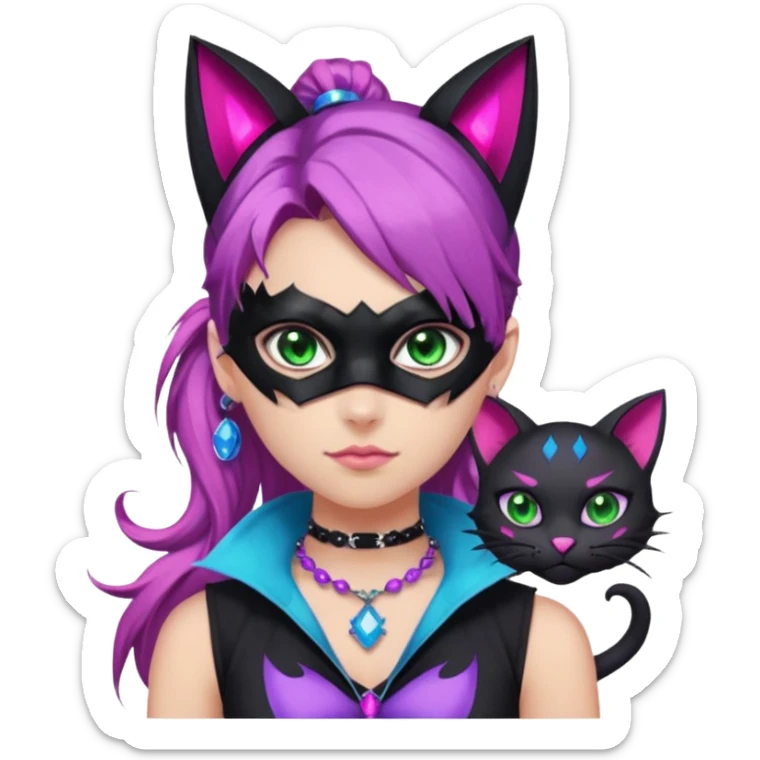 Girl with green eyes, wearing a bat mask with pink stones, and her hair tied in a ponytail, the hair is purple, blue, and pink streaks, with black cat ears with pink stones, wearing a black shirt that covers the neck, and a sleeveless blue jacket, and a necklace of pink stones sticker